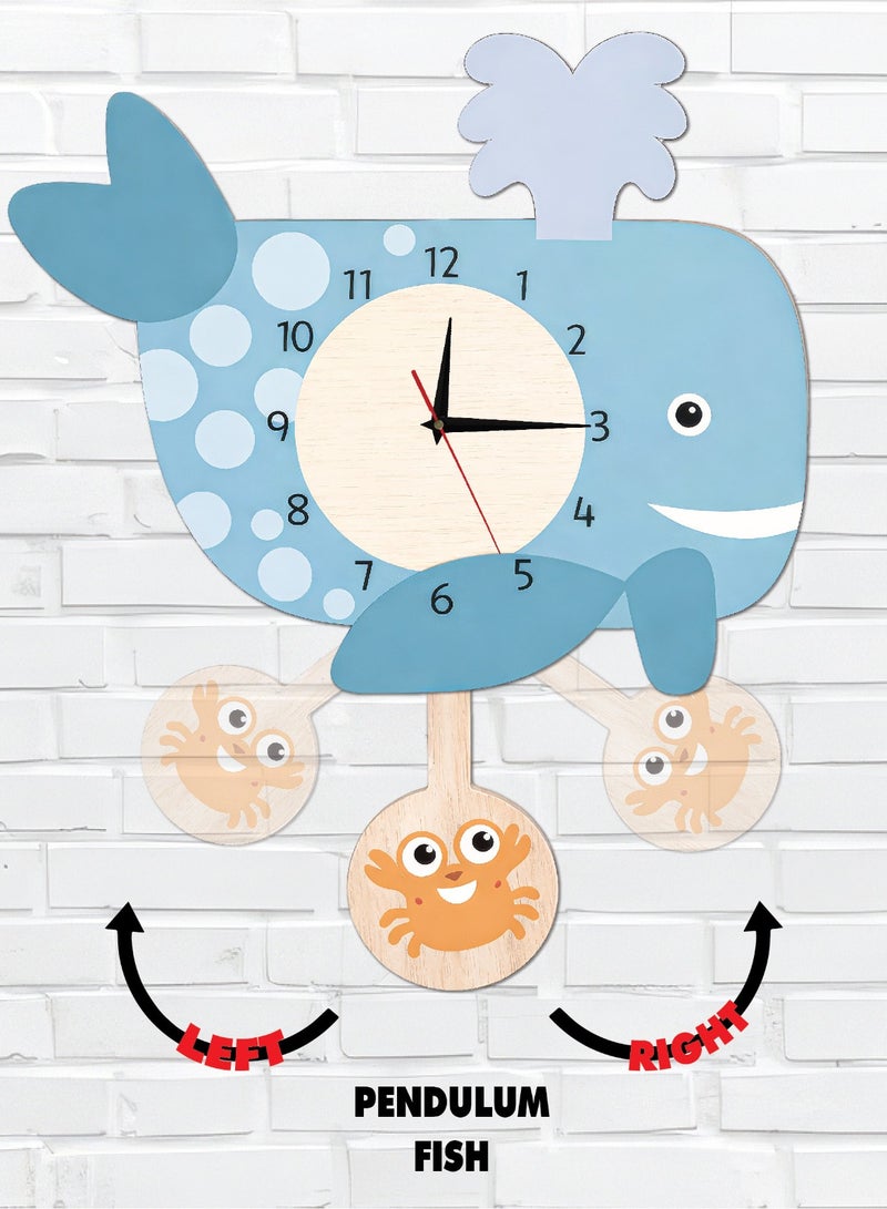 A high-quality, elegantly designed whale-shaped pendulum wall clock with cheerful colors and a smooth movement; easy to install and suitable for various uses and decors. - Image 1